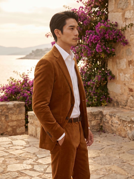 Caramel Velvet Groomsmen Suit — Custom Made to Measure - side view