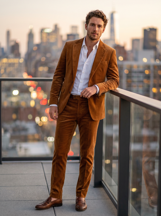Caramel Velvet Suit — Custom Made to Measure - front view