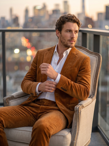 Caramel Velvet Suit — Custom Made to Measure - seated view