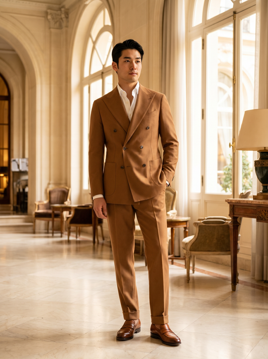 Caramel Wool Double Breasted Suit — Custom Made to Measure - front view