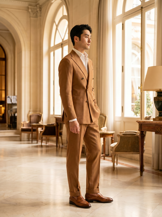 Caramel Wool Double Breasted Suit — Custom Made to Measure - side view