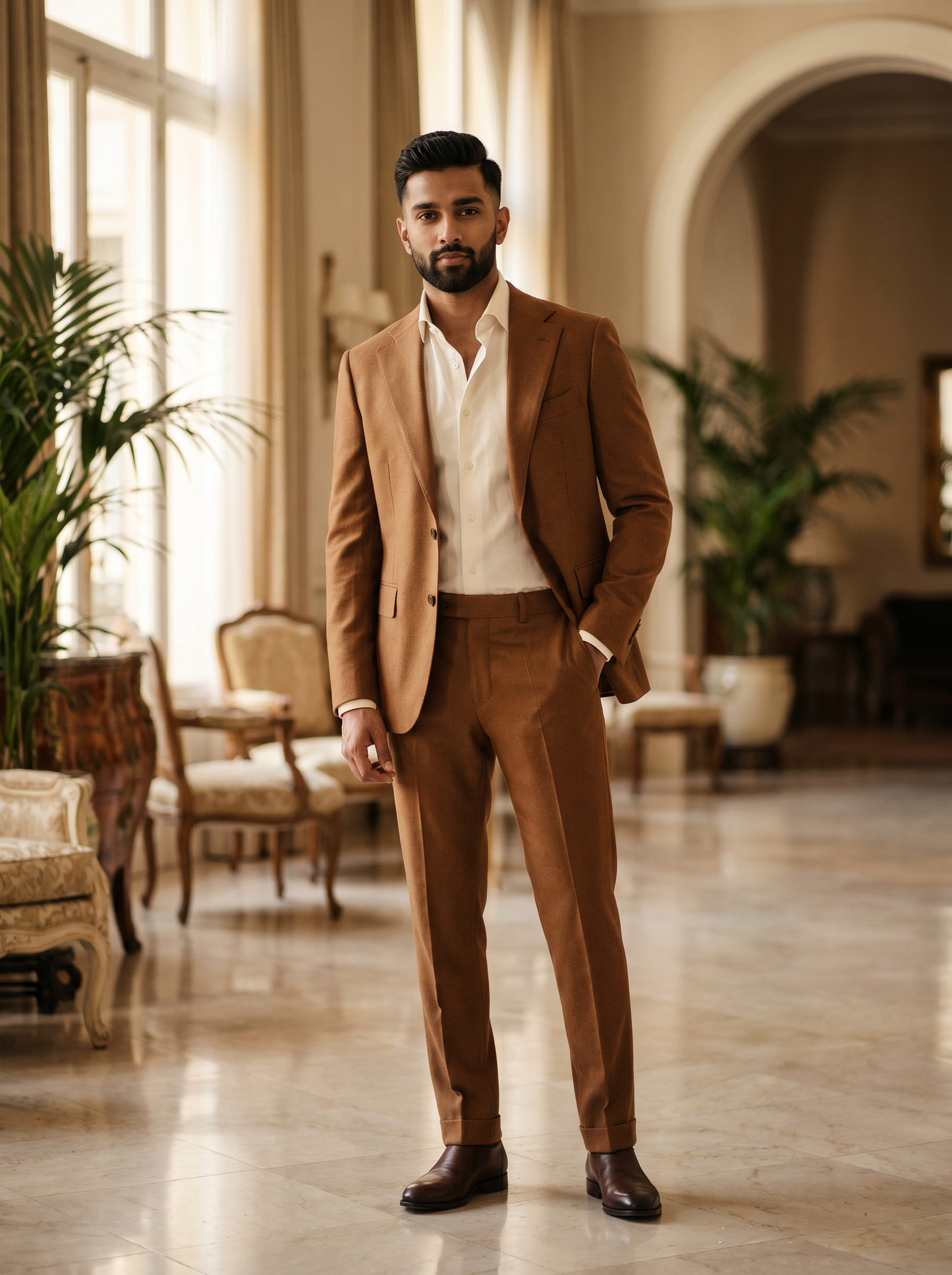 Caramel Wool Groomsmen Suit — Custom Made to Measure - front view