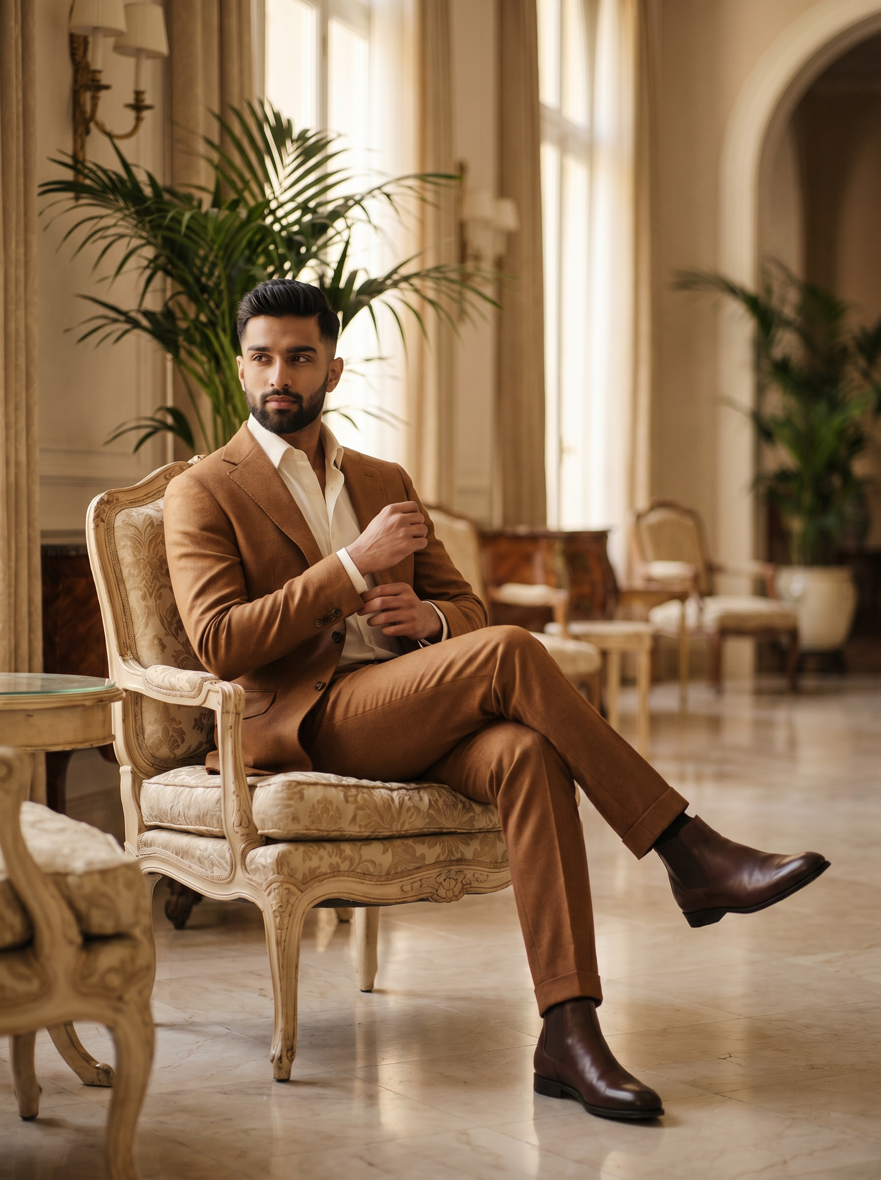 Caramel Wool Groomsmen Suit — Custom Made to Measure - seated view