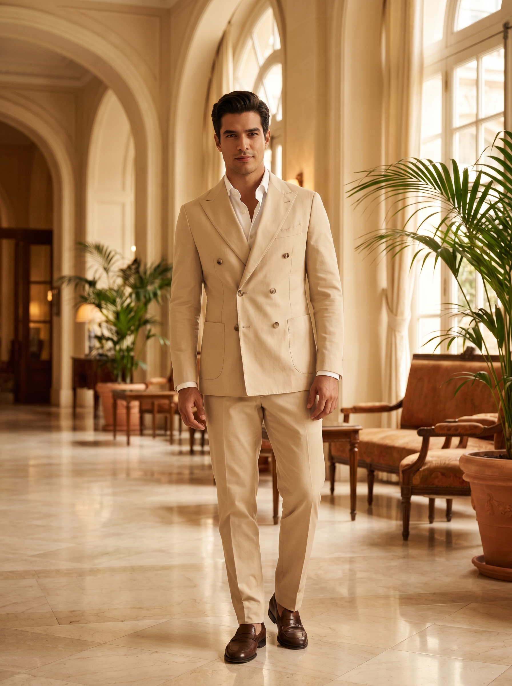 Champagne Cotton Double Breasted Suit — Custom Made to Measure - front view