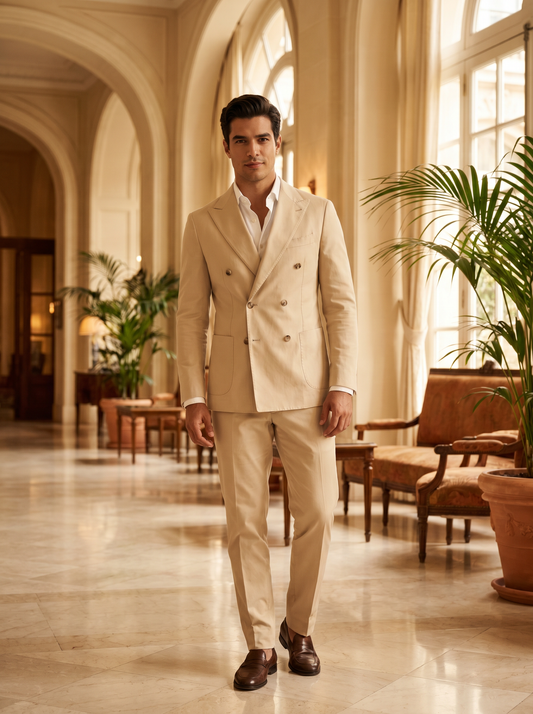 Champagne Cotton Double Breasted Suit — Custom Made to Measure - front view