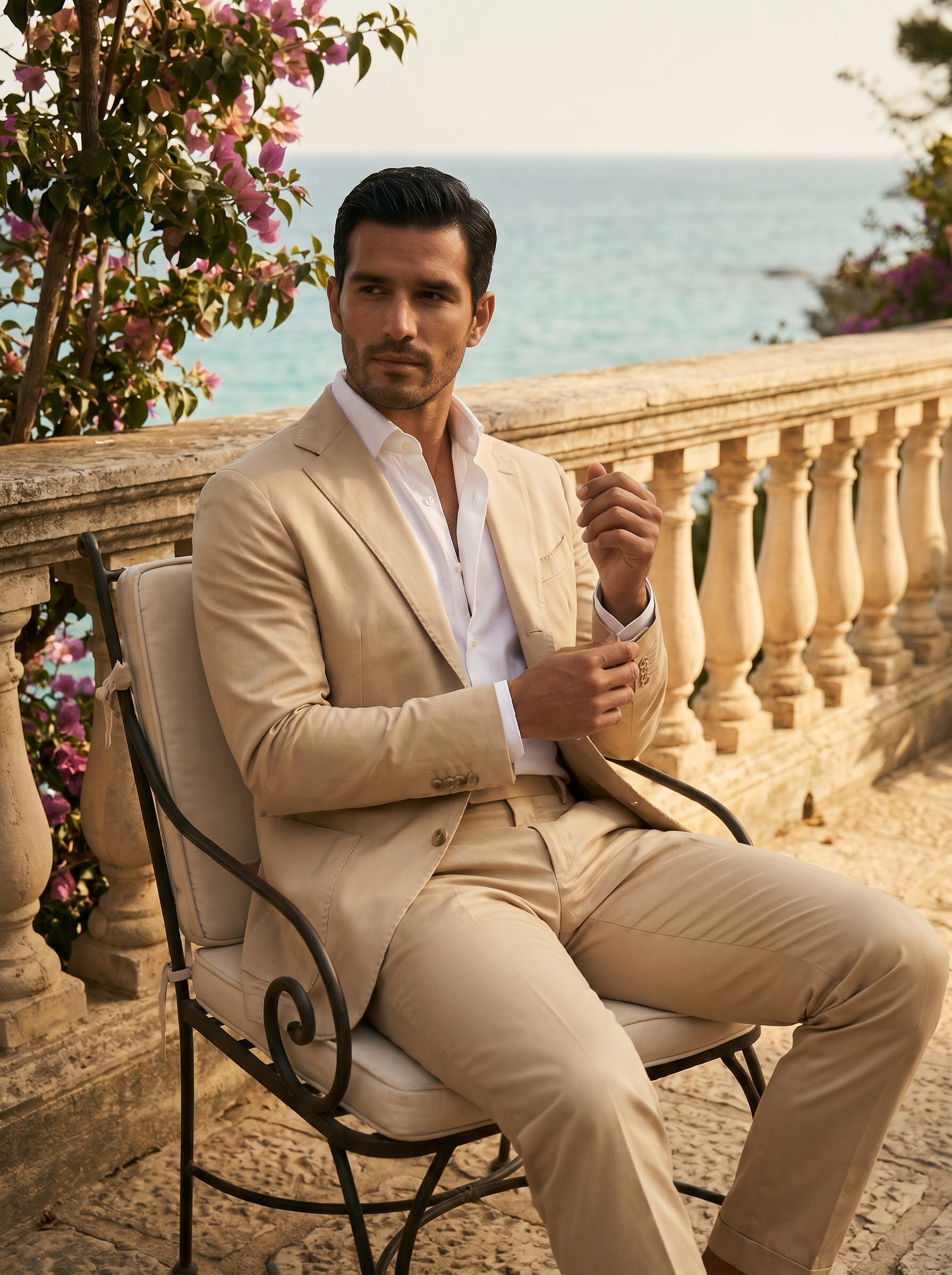 Champagne Cotton Suit — Custom Made to Measure - seated view