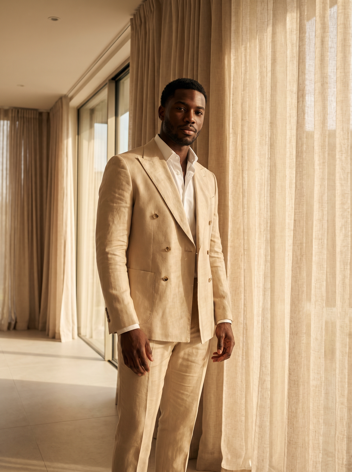 Champagne Linen Double Breasted Suit — Custom Made to Measure — Front View