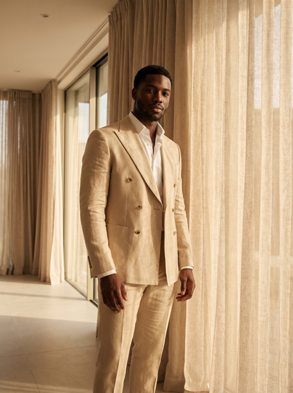 Champagne Linen Double Breasted Suit — Custom Made to Measure — Front View