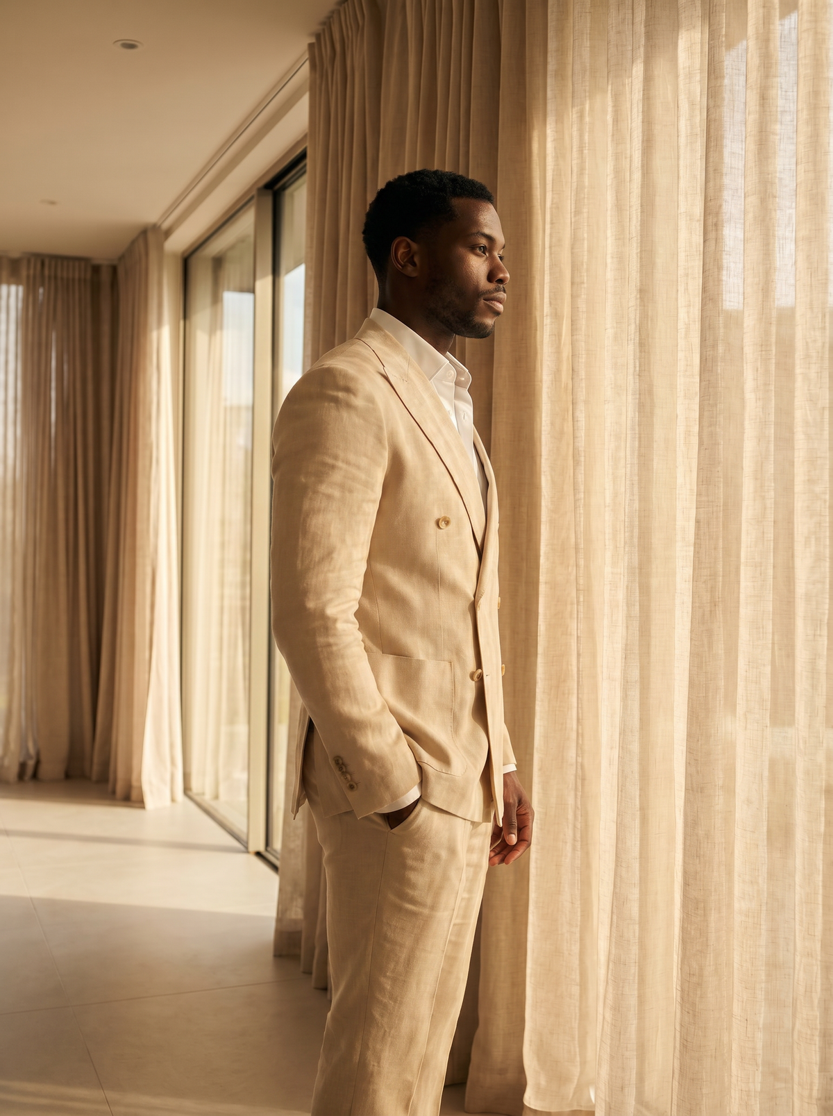 Champagne Linen Double Breasted Suit — Custom Made to Measure — Side View