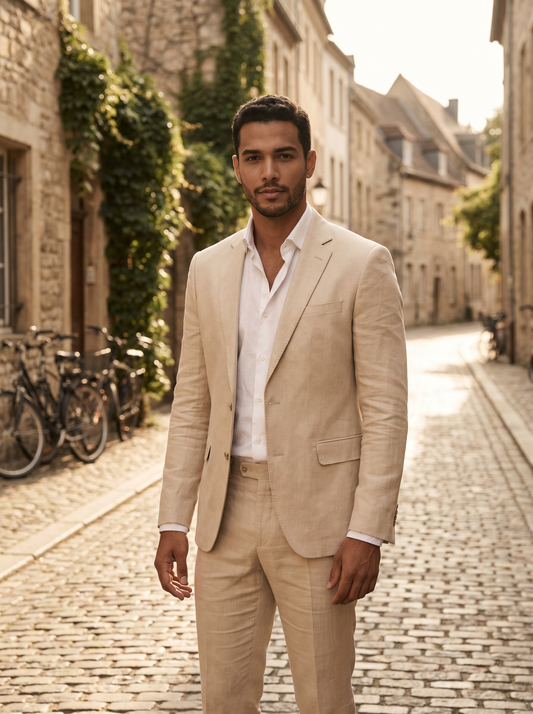 Champagne Linen Groomsmen Suit — Custom Made to Measure - front view