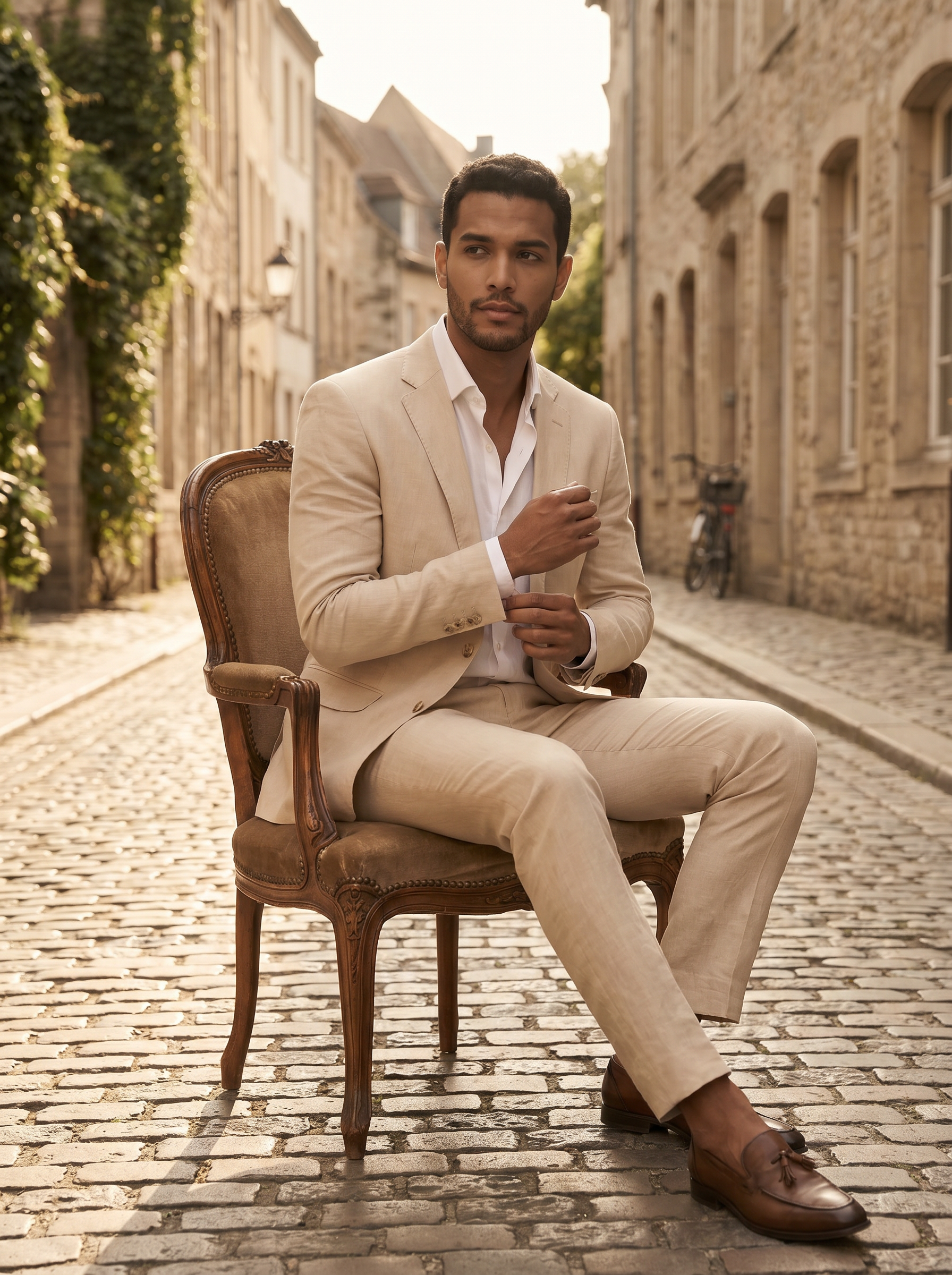 Champagne Linen Groomsmen Suit — Custom Made to Measure - seated view