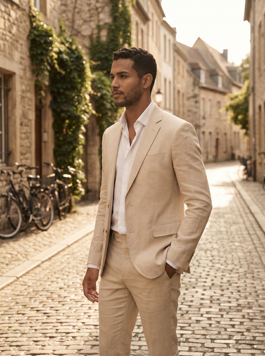 Champagne Linen Groomsmen Suit — Custom Made to Measure - side view