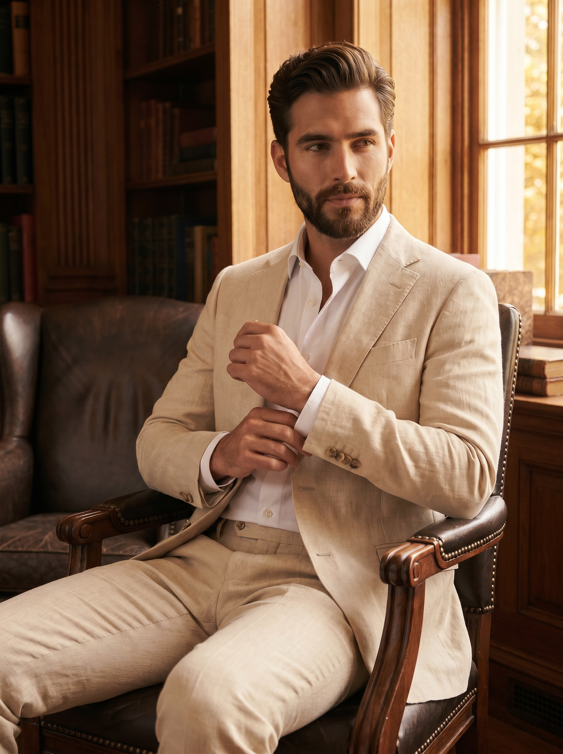 Champagne Linen Suit — Custom Made to Measure - seated view