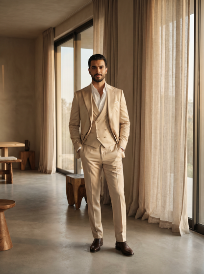 Champagne Silk Blend 3-Piece Suit — Custom Made to Measure - front view