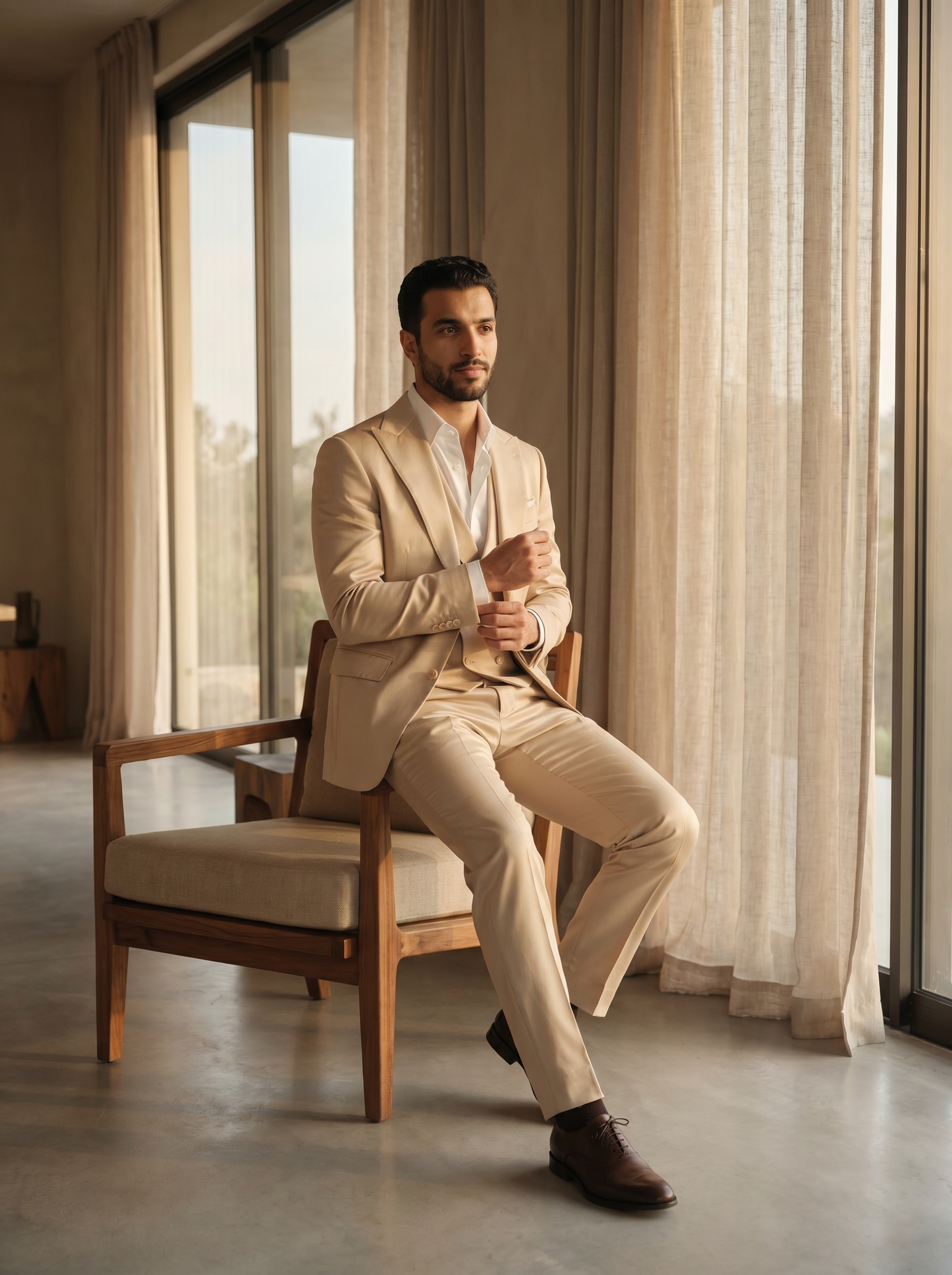 Champagne Silk Blend 3-Piece Suit — Custom Made to Measure - seated view