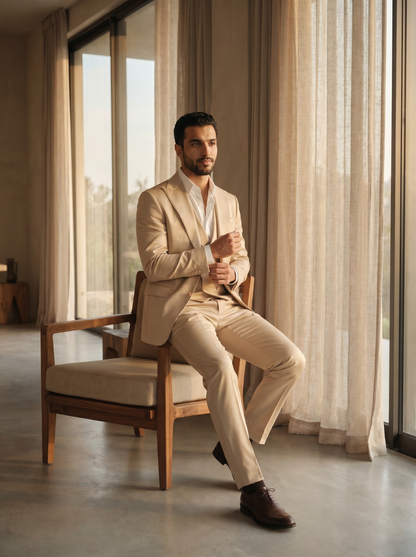Champagne Silk Blend 3-Piece Suit — Custom Made to Measure - seated view