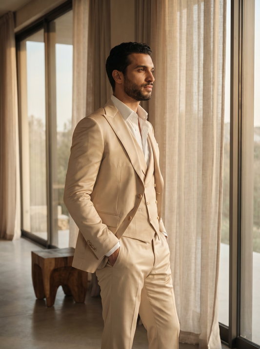 Champagne Silk Blend 3-Piece Suit — Custom Made to Measure - side view