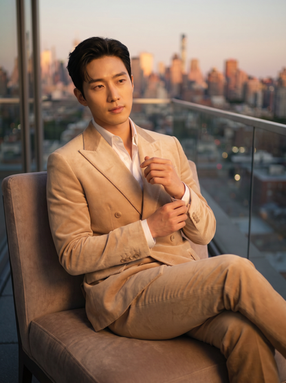 Champagne Velvet Double Breasted Suit — Custom Made to Measure - seated view