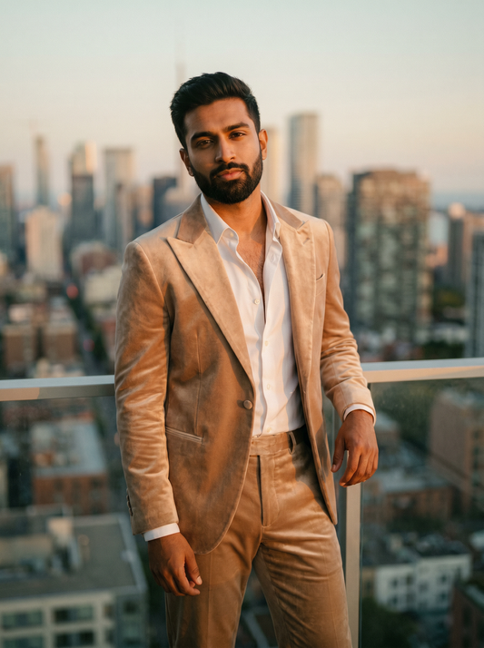 Champagne Velvet Groomsmen Suit — Custom Made to Measure - front view