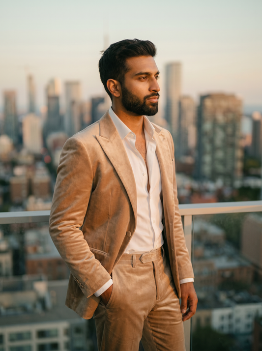 Champagne Velvet Groomsmen Suit — Custom Made to Measure - side view
