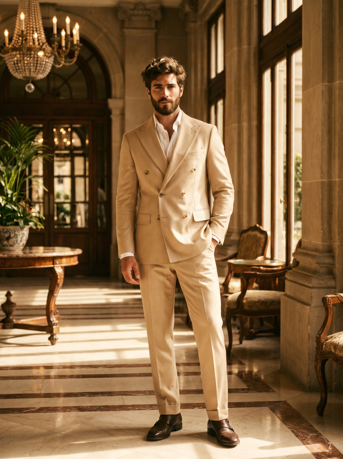 Champagne Wool Double Breasted Suit — Custom Made to Measure - front view