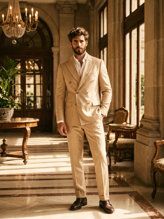 Champagne Wool Double Breasted Suit — Custom Made to Measure - front view