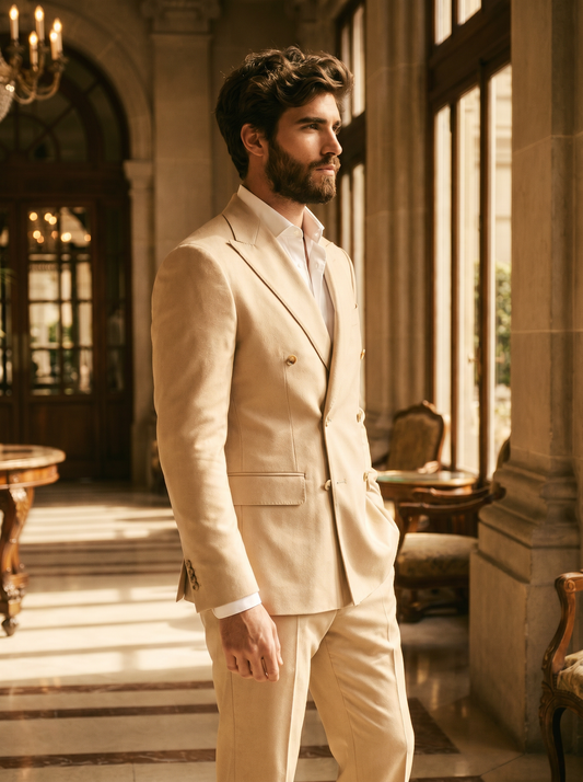 Champagne Wool Double Breasted Suit — Custom Made to Measure - side view