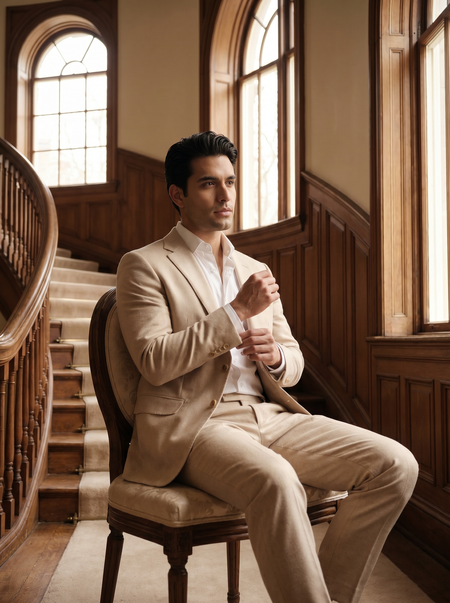 Champagne Wool Suit — Custom Made to Measure - seated view