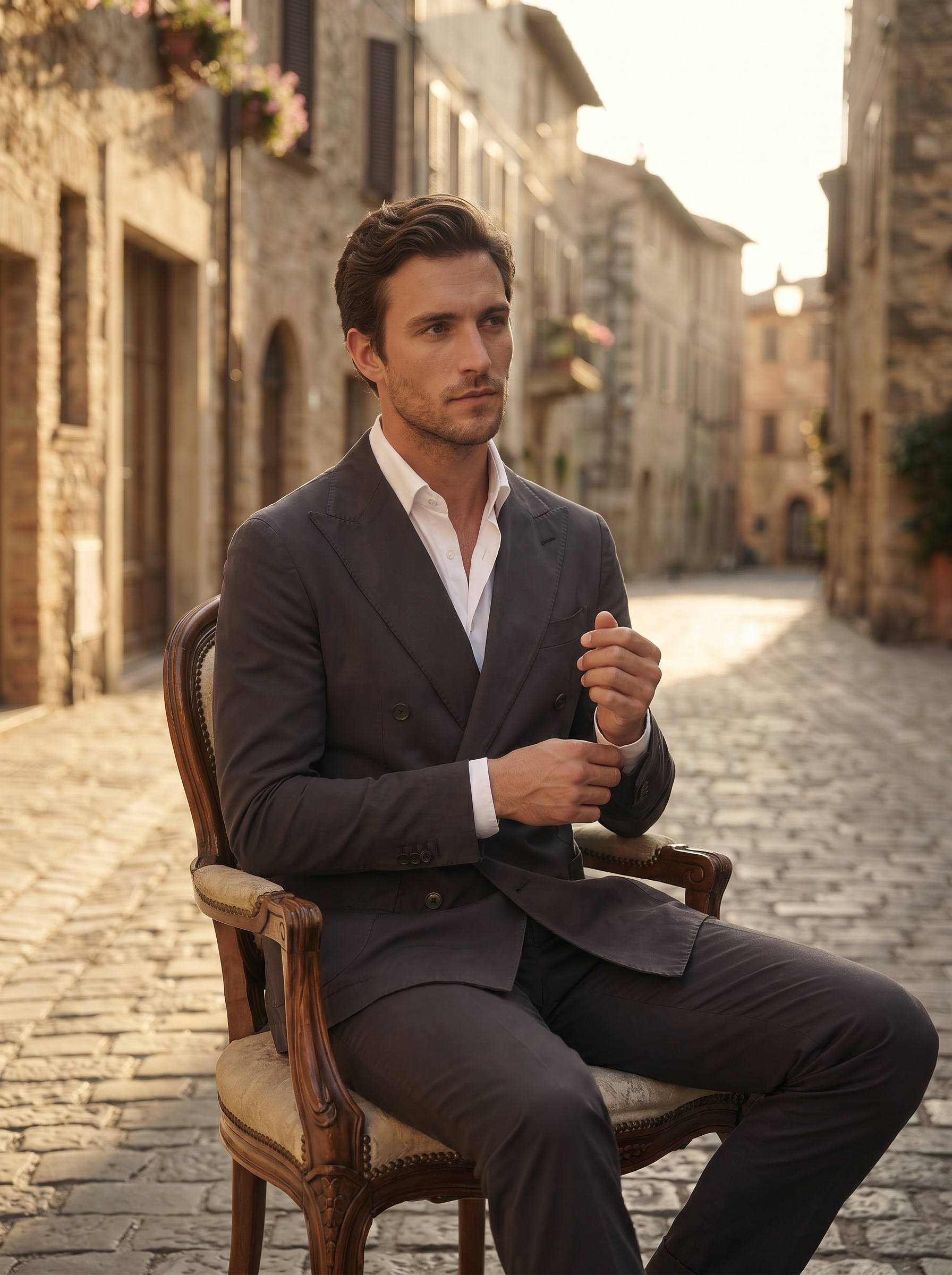 Charcoal Cotton Double Breasted Suit — Custom Made to Measure - seated view
