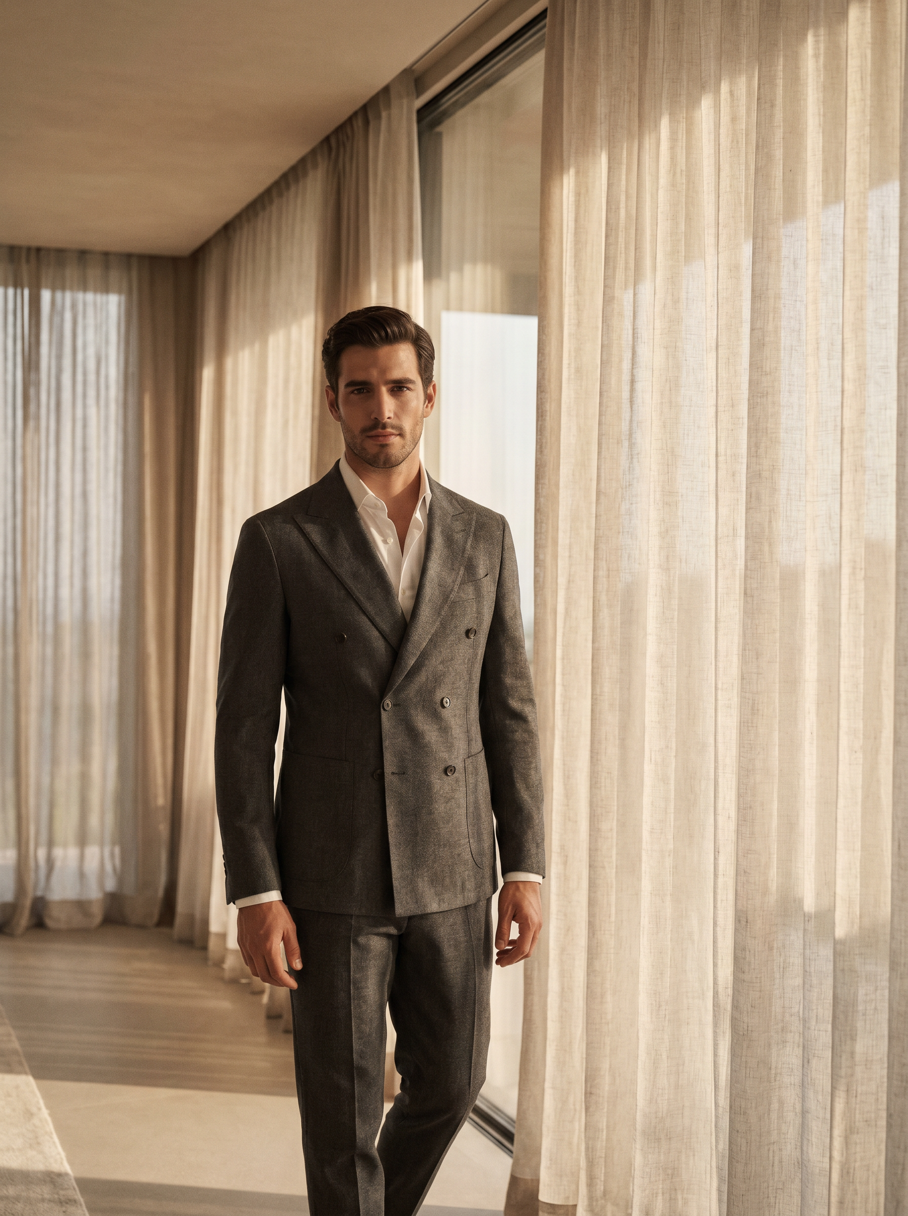 Charcoal Gray Cotton Double Breasted Suit — Custom Made to Measure - front view