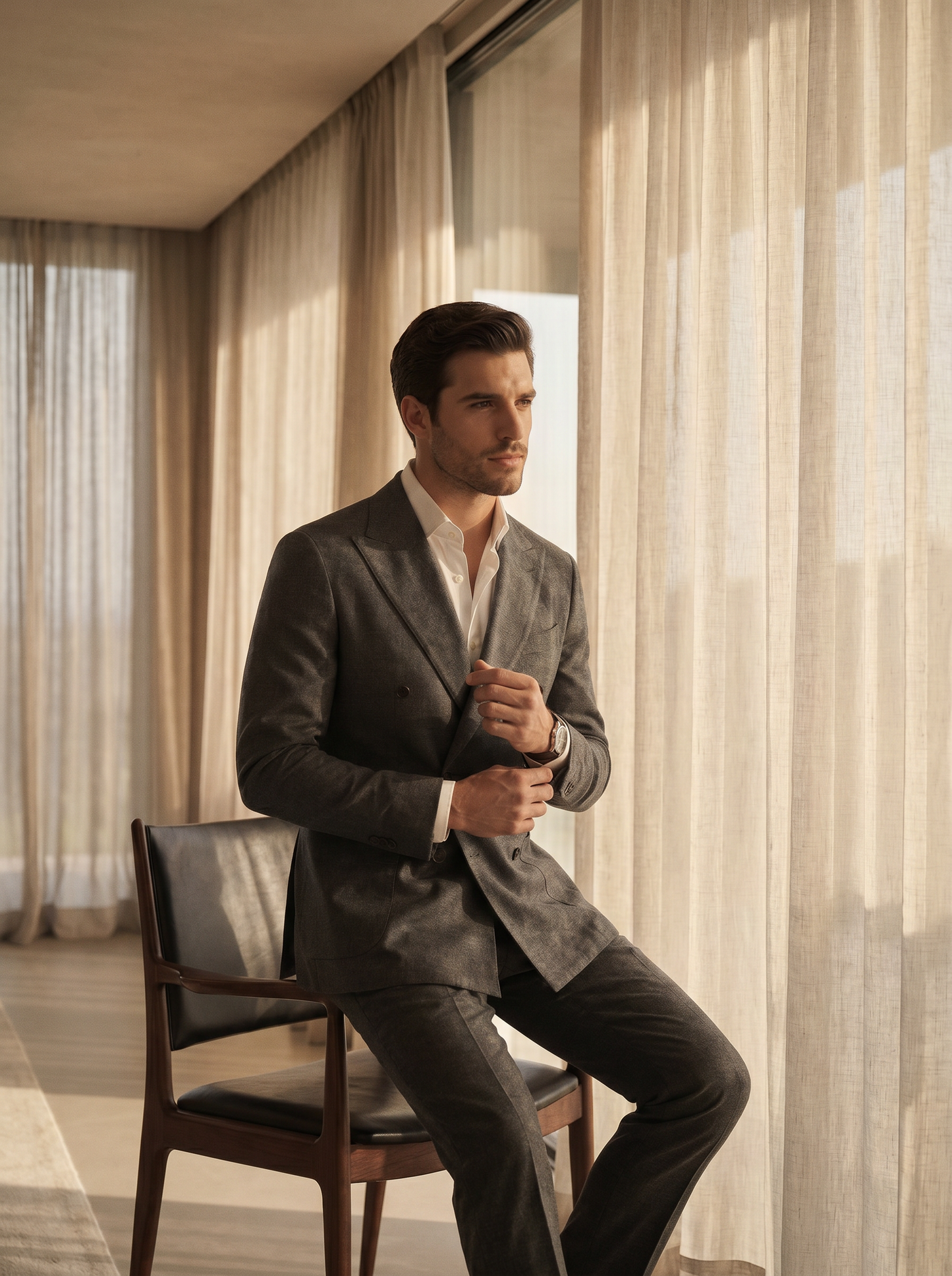 Charcoal Gray Cotton Double Breasted Suit — Custom Made to Measure - seated view