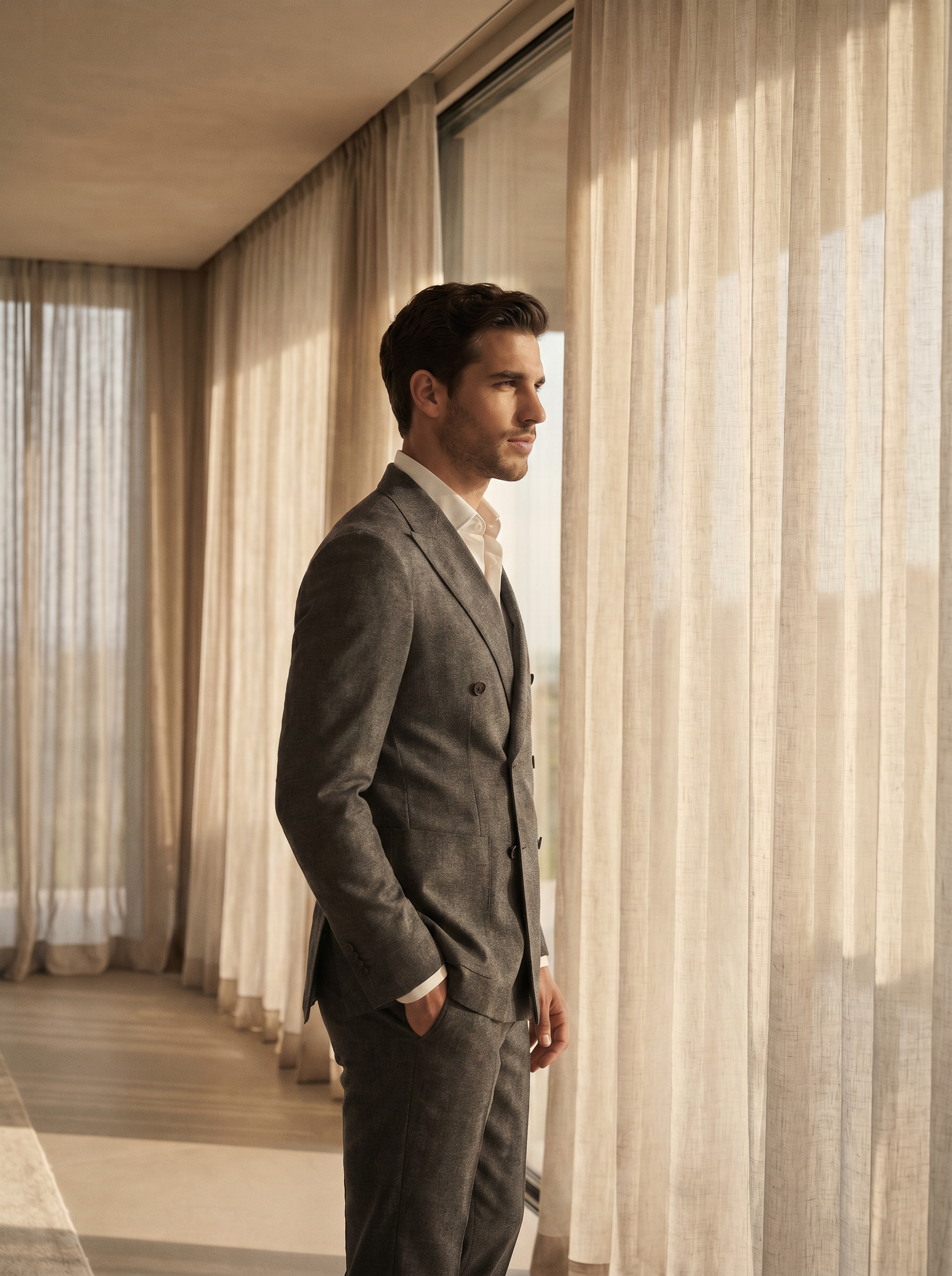Charcoal Gray Cotton Double Breasted Suit — Custom Made to Measure - side view