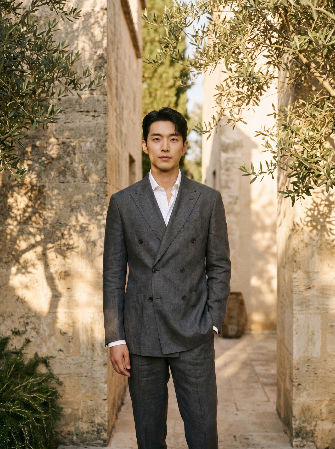 Charcoal Gray Linen Double Breasted Suit — Custom Made to Measure - front view
