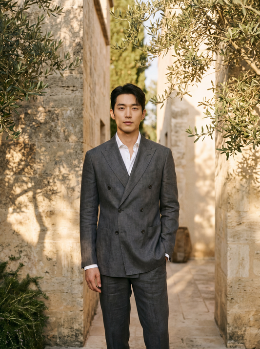 Charcoal Gray Linen Double Breasted Suit — Custom Made to Measure - front view
