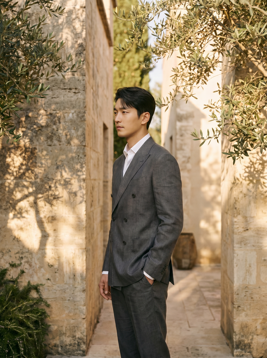 Charcoal Gray Linen Double Breasted Suit — Custom Made to Measure - side view
