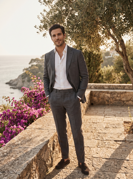 Charcoal Gray Linen Groomsmen Suit — Custom Made to Measure - front view
