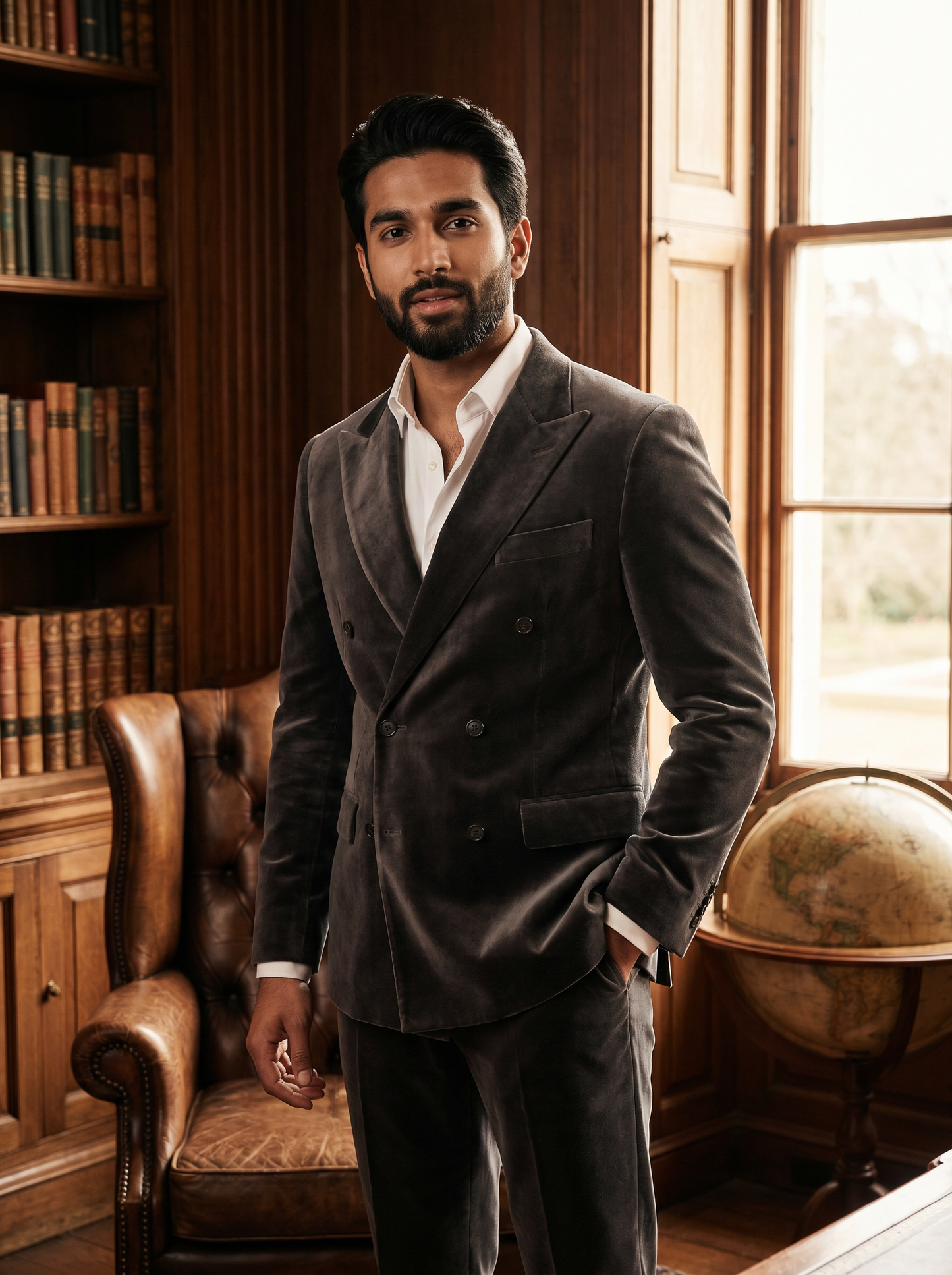 Charcoal Gray Velvet Double Breasted Suit — Custom Made to Measure - front view