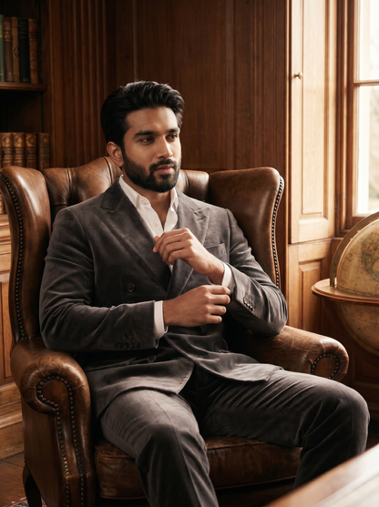 Charcoal Gray Velvet Double Breasted Suit — Custom Made to Measure - seated view