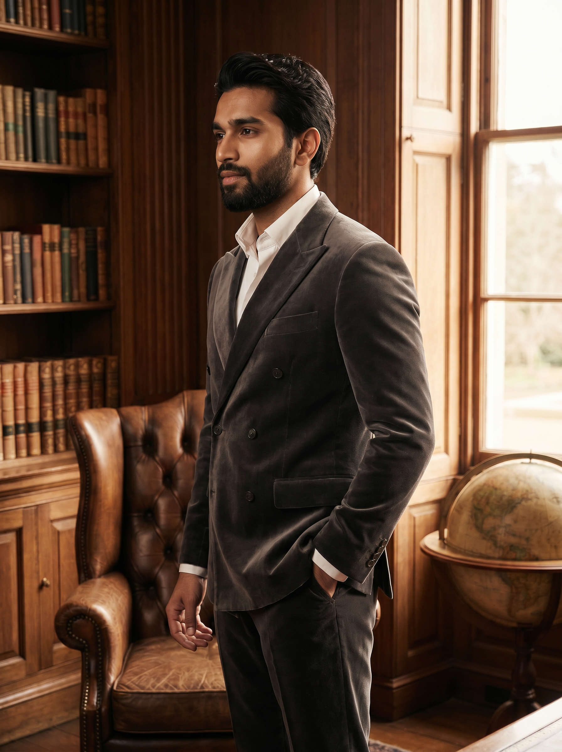 Charcoal Gray Velvet Double Breasted Suit — Custom Made to Measure - side view
