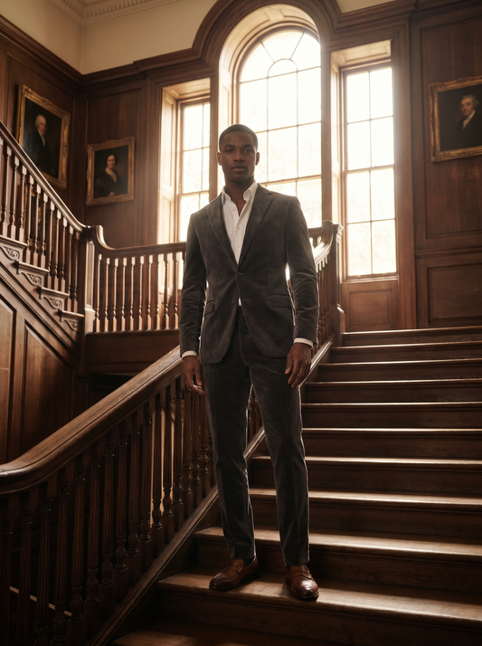 Charcoal Gray Velvet Groomsmen Suit — Custom Made to Measure - front view