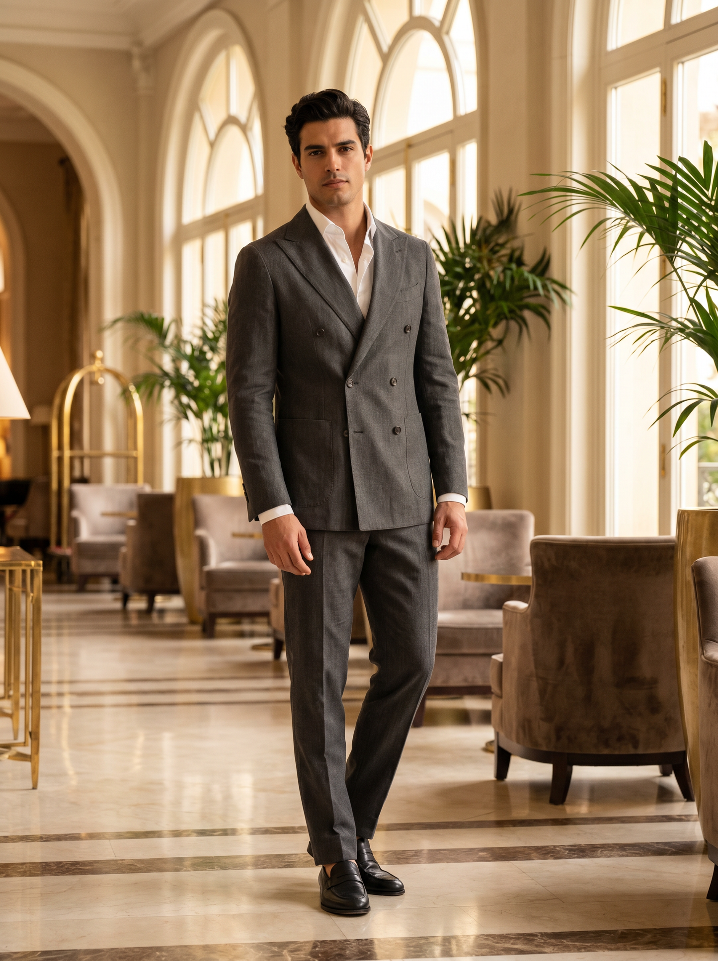 Charcoal Grey Cotton Double Breasted Suit — Custom Made to Measure - front view