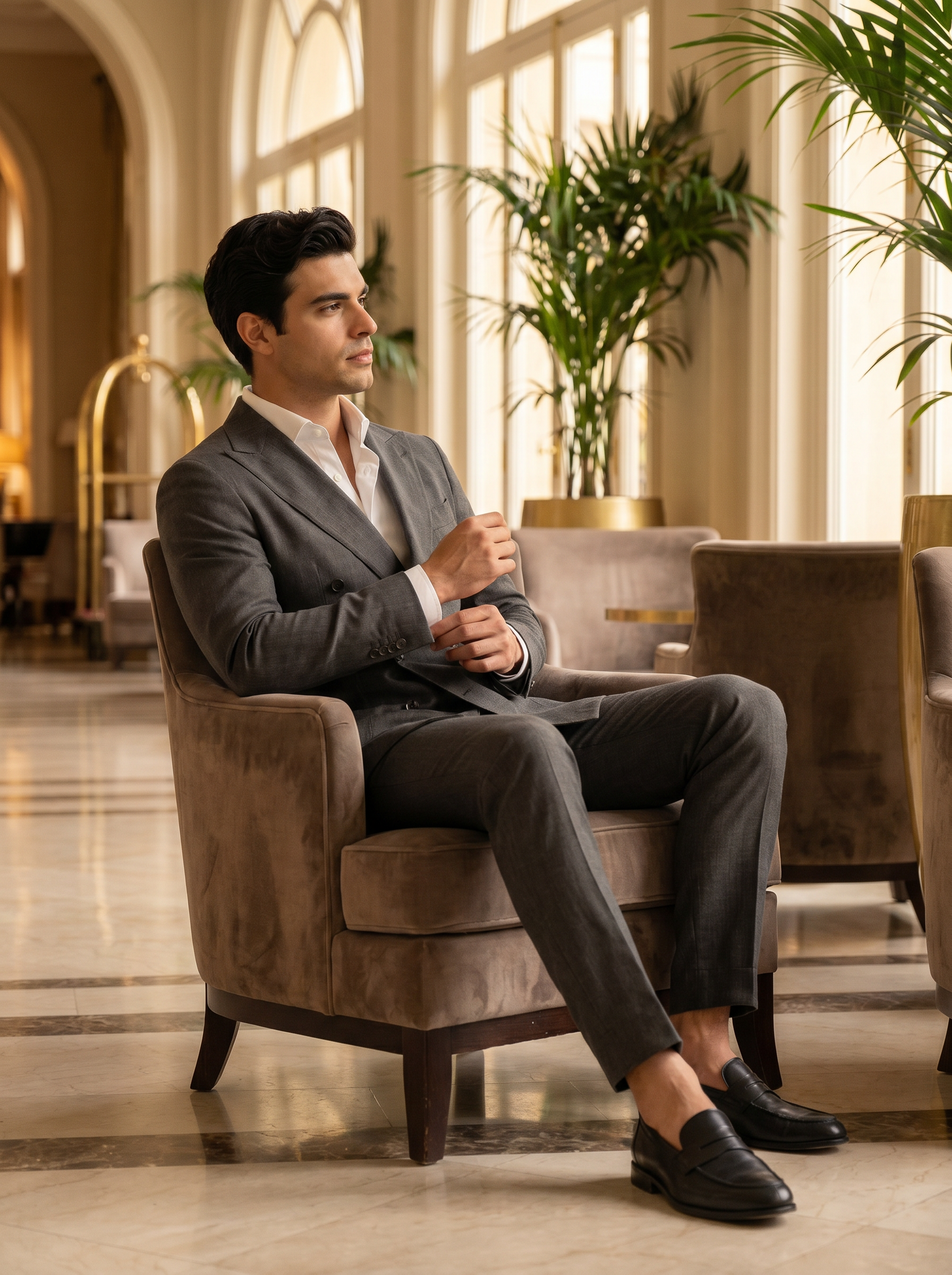 Charcoal Grey Cotton Double Breasted Suit — Custom Made to Measure - seated view