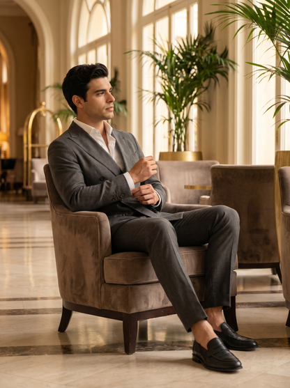 Charcoal Grey Cotton Double Breasted Suit — Custom Made to Measure - seated view