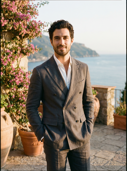 Charcoal Grey Linen Double Breasted Suit — Custom Made to Measure - front view