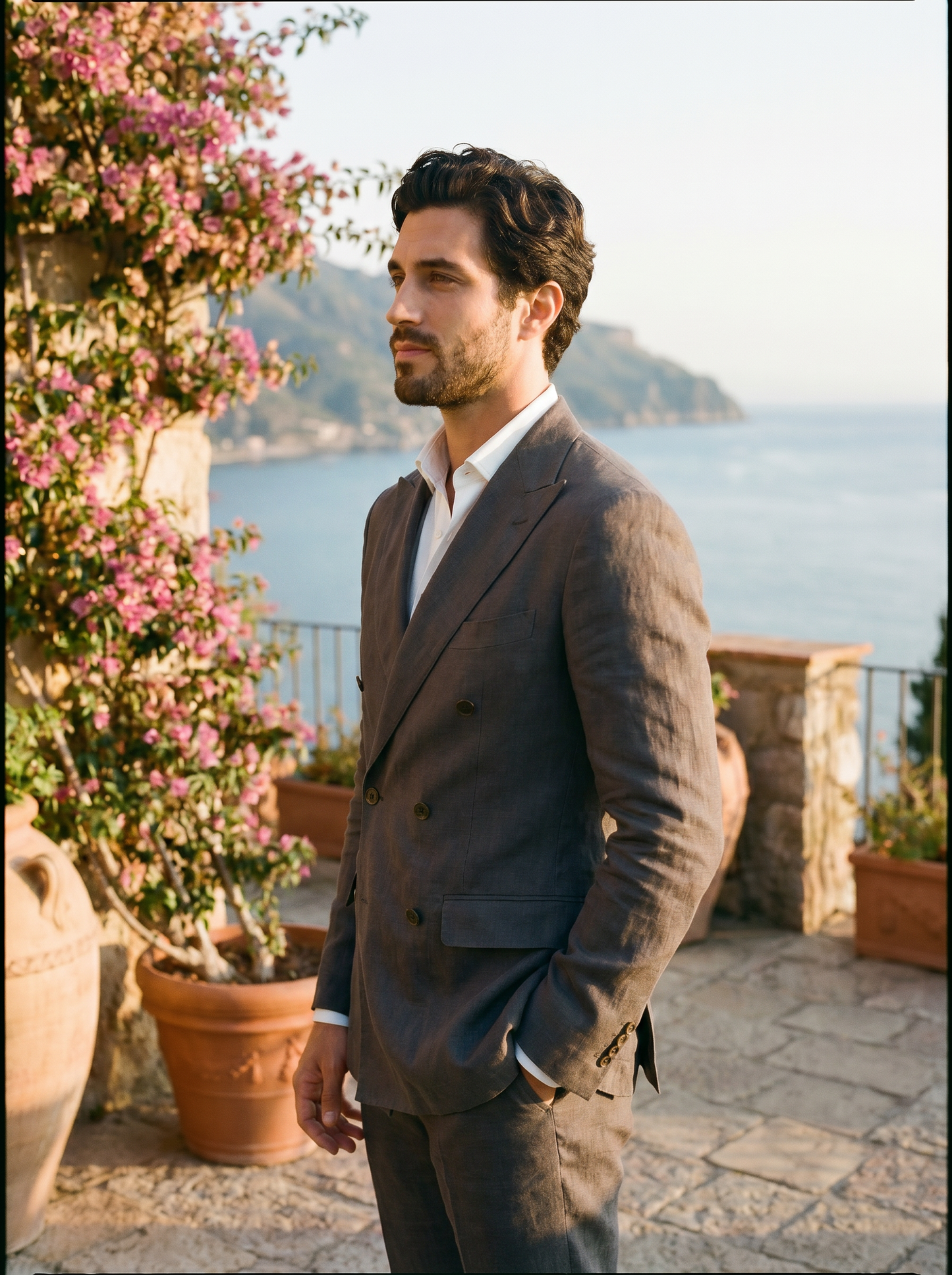 Charcoal Grey Linen Double Breasted Suit — Custom Made to Measure - side view