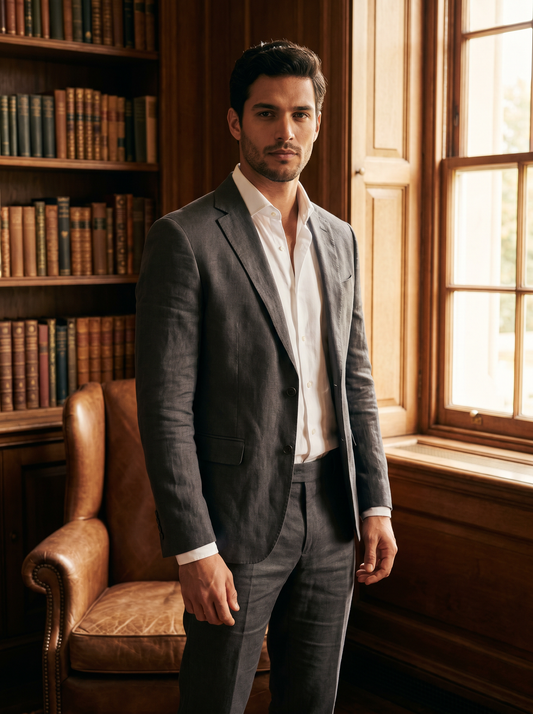 Charcoal Grey Linen Groomsmen Suit — Custom Made to Measure - front view