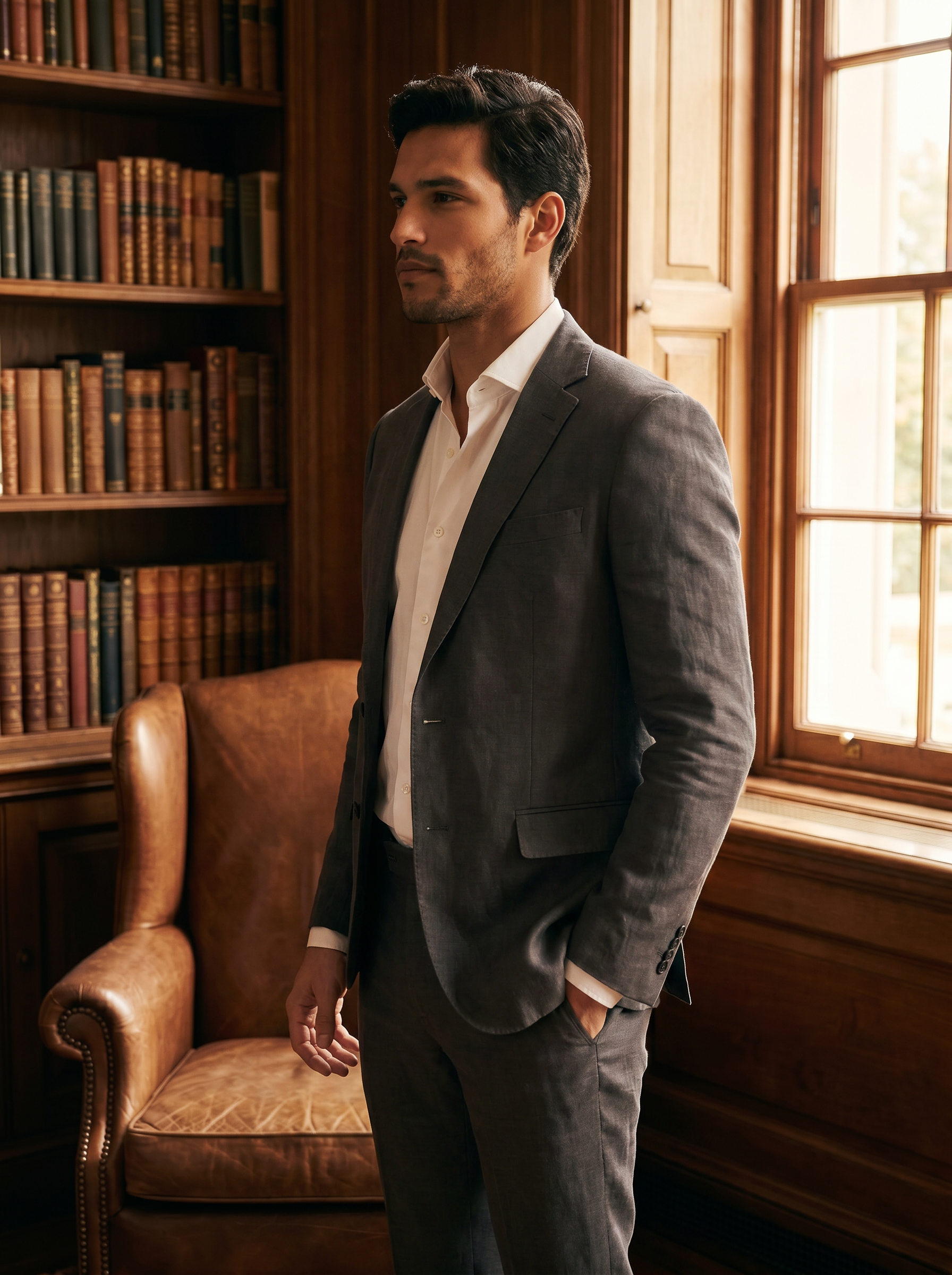 Charcoal Grey Linen Groomsmen Suit — Custom Made to Measure - side view