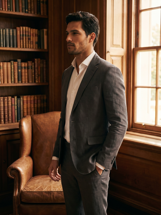 Charcoal Grey Linen Groomsmen Suit — Custom Made to Measure - side view