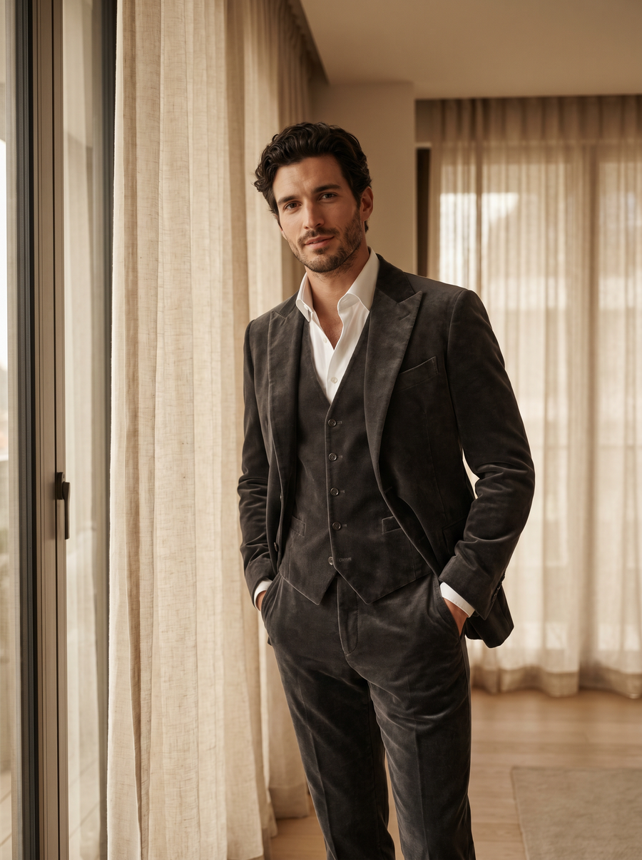 Charcoal Grey Velvet 3-Piece Suit — Custom Made to Measure
