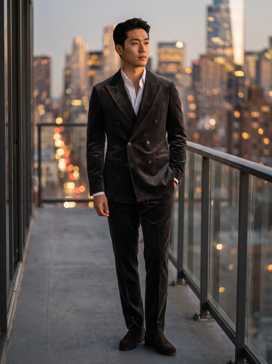 Charcoal Grey Velvet Double Breasted Suit — Custom Made to Measure - front view